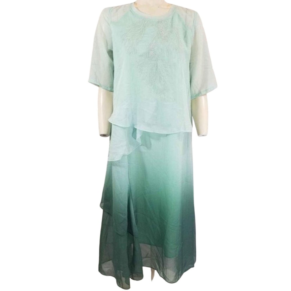 NWT Floryday Maxi Dress Boho Ombre Embroidered Sheer Overlay Mint Green Medium
